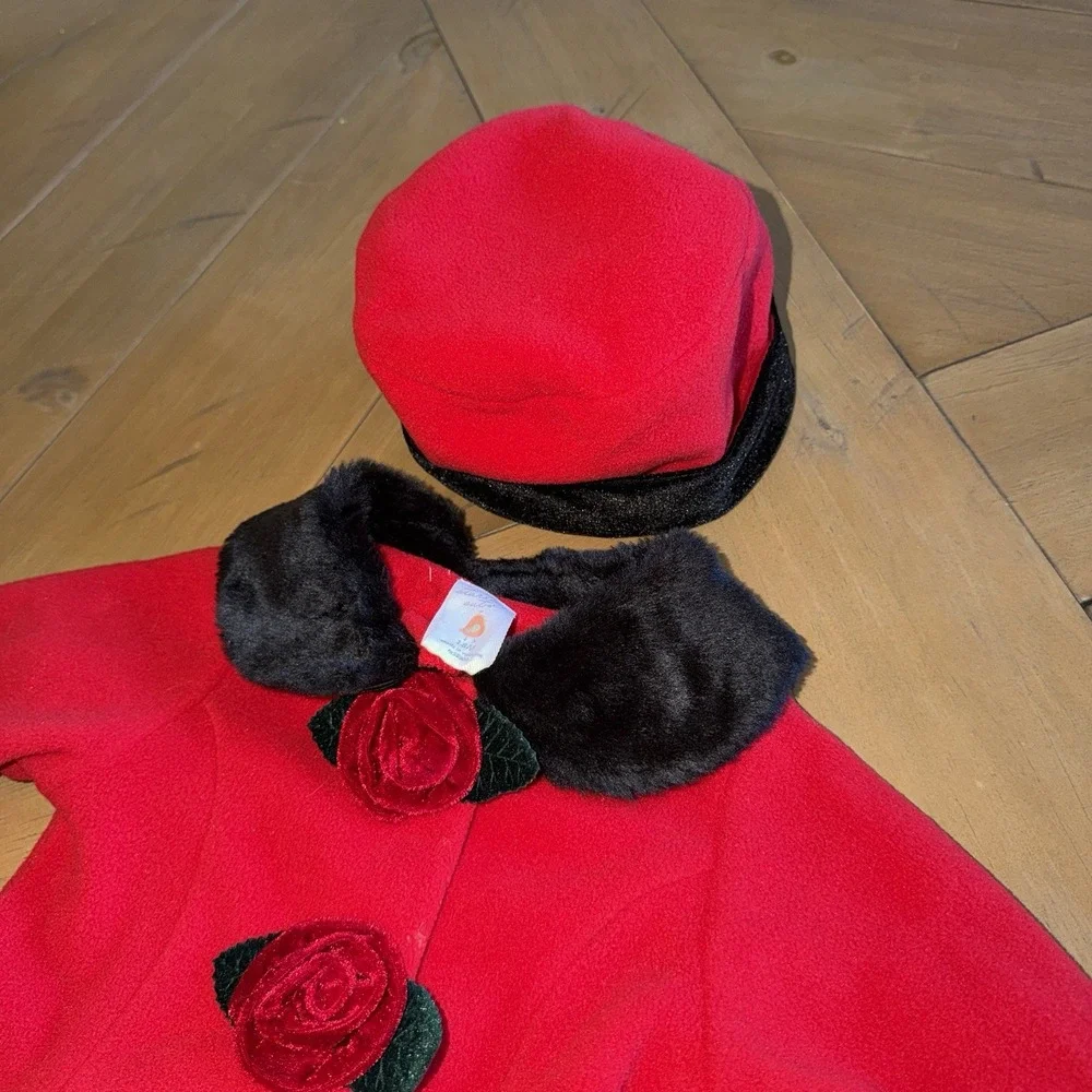Starting Out Girls Red Dress Coat Matching Hat 18M Faux Fur Velvet Rose Holiday
